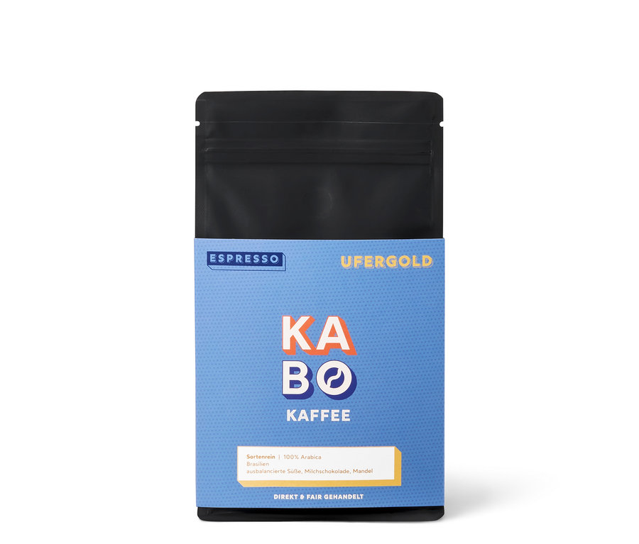 Eine Packung KABO - Ufergold Espresso - 250g Ganze Bohne auf weißem Hintergrund.