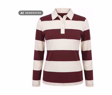 Ein gestreiftes Rugby-Shirt mit langen Ärmeln in Bordeauxrot und Cremeweiß, mit Kragen und Knopfleiste.