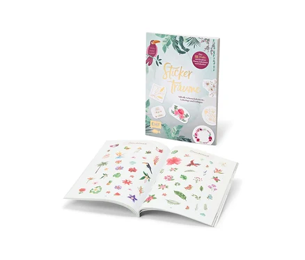 Zwei offene Bücher »Stickerträume« mit Aufklebern.