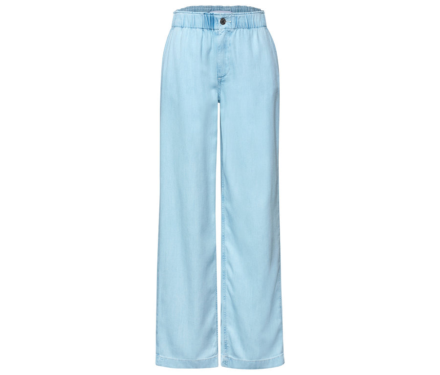 Hellblaue Street One Jeans »Emee« mit weitem Bein, elastischem Bund und einem dunklen Knopf vorne.