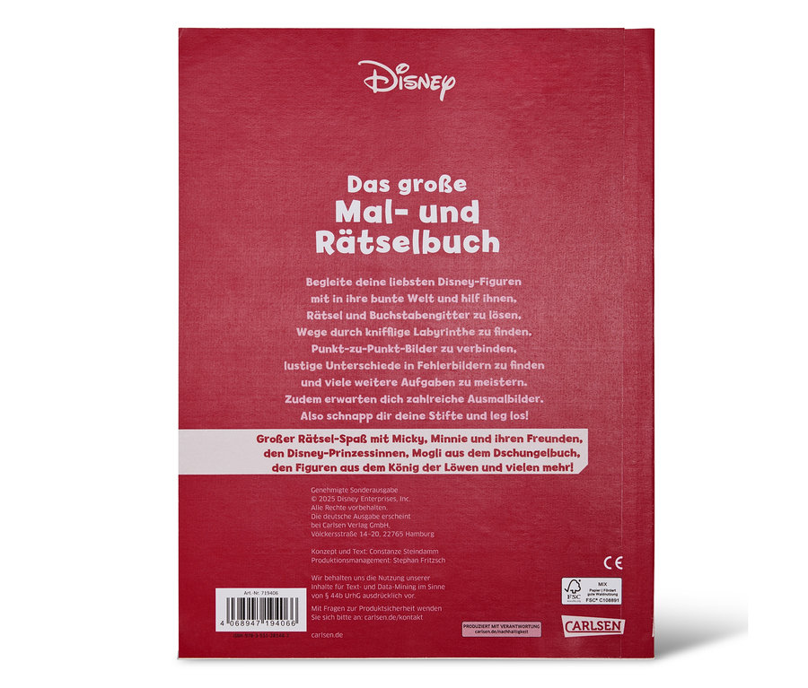 Ein rotes Buch mit dem Titel Disney Das große Mal- und Rätselbuch.