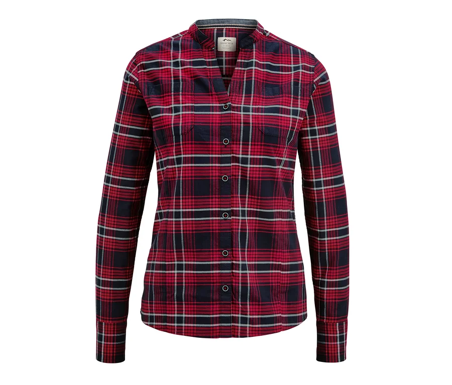 Karierte Flanell-Bluse mit langen Ärmeln in Rot, Schwarz und Weiß.