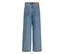 Rückansicht einer blauen Jeans mit weitem Bein, Gesäßtaschen und einem Markenetikett am Bund.