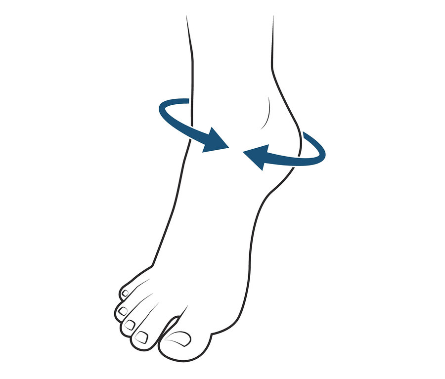 Skizze eines Fußes mit kreisenden Pfeilen um den Knöchel, die eine Fußgelenkbandage andeuten.
