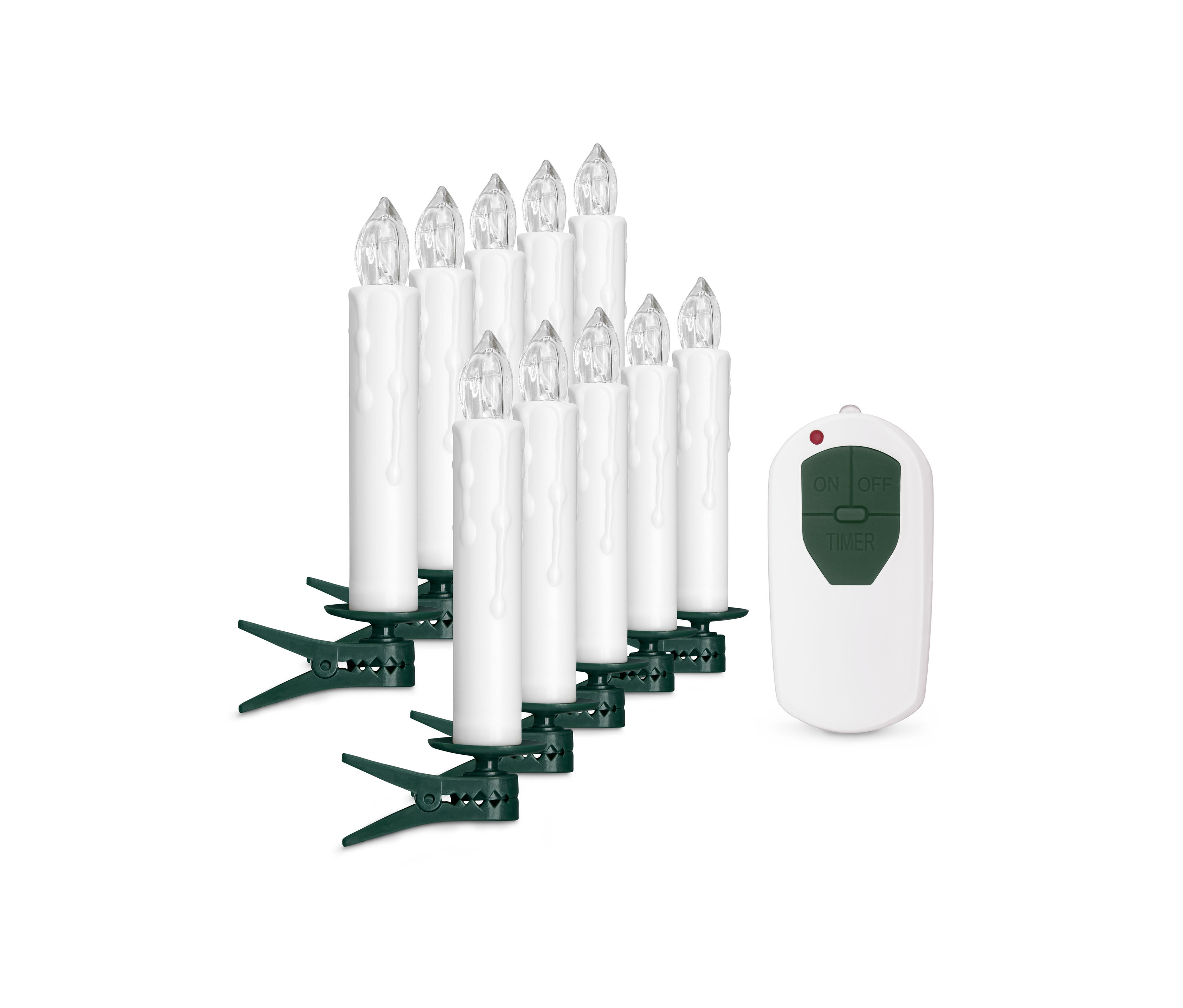 Ein Set aus 10 LED-Weihnachtsbaumkerzen mit Fernbedienung.