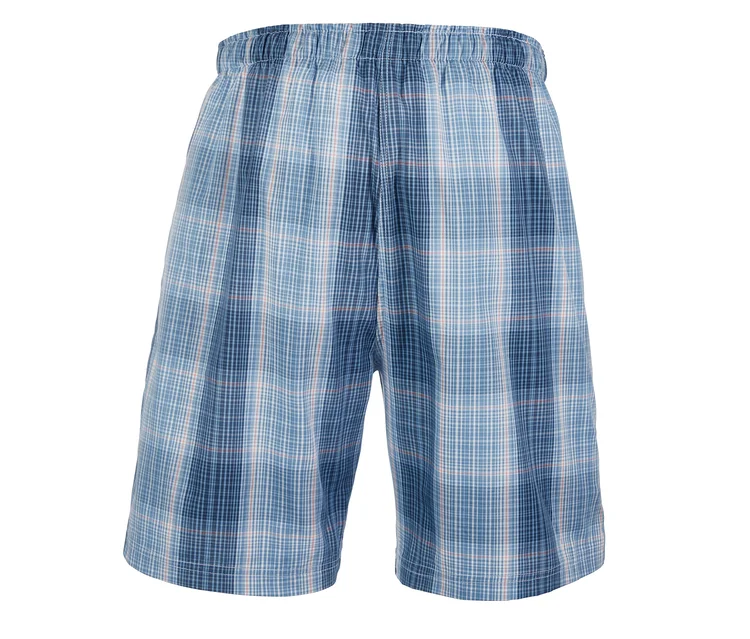 Blaue karierte Schlafshorts.