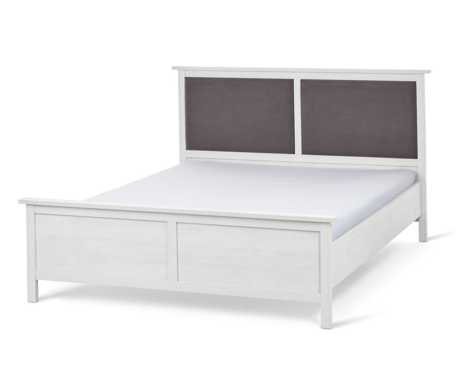 Weißes Bett mit gepolstertem Kopfteil mit zwei grauen Rechtecken, ca. 180 x 200 cm.