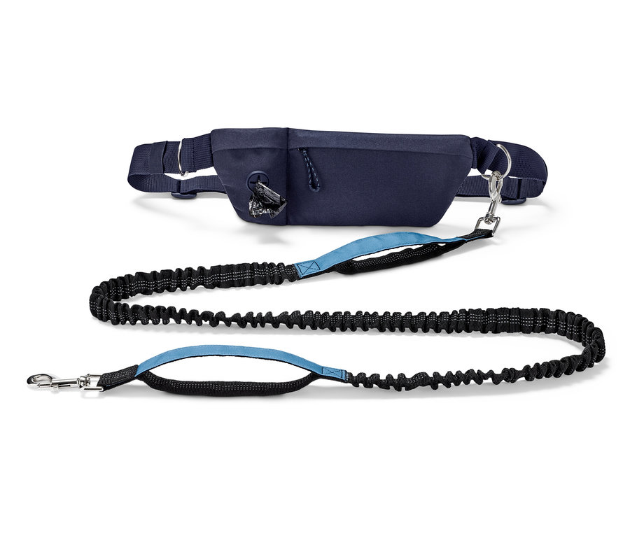 Hunde- Wander- und Joggingleine mit schwarzer, elastischer Leine und blauer Tasche.