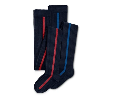 Zwei marineblaue Mädchen-Strumpfhosen mit roten und blauen Streifen.