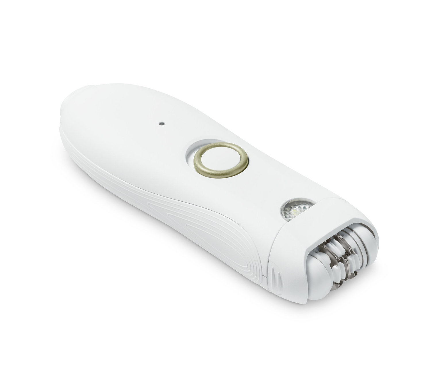 Ein weißer Gesichtsepilierer liegt auf einem weißen Hintergrund.