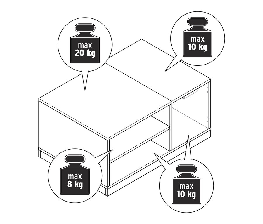 Abbildung eines Couchtischs mit versteckten Rollen, maximale Belastung 20 kg auf der Oberseite.