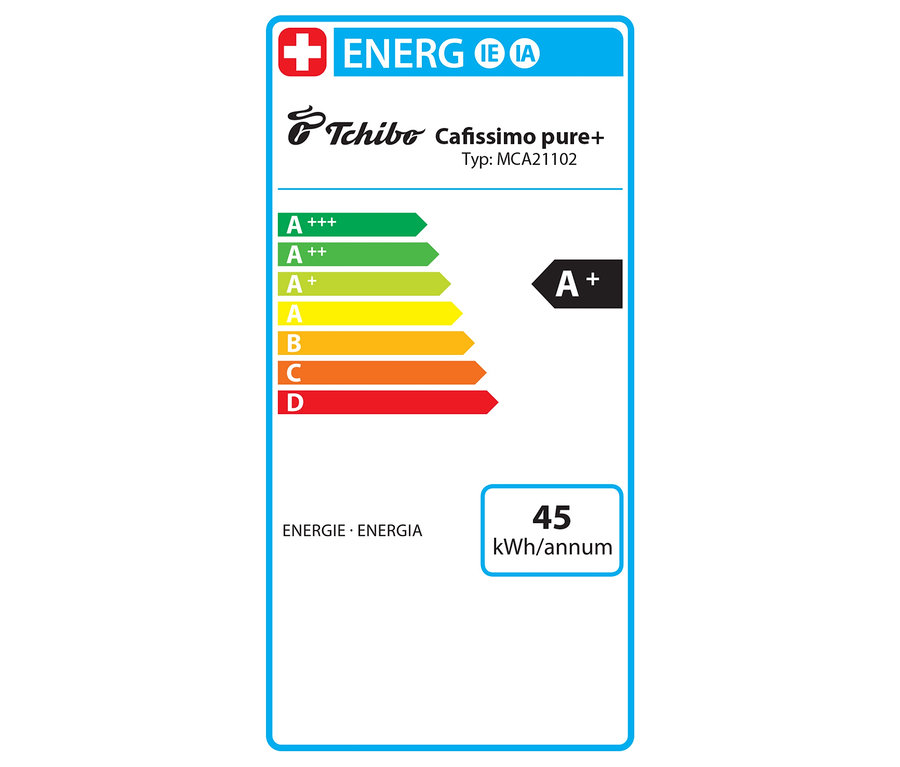 Energielabel für Cafissimo pure+ mit den Klassen A+++ bis D und einem Verbrauch von 45 kWh/annum.