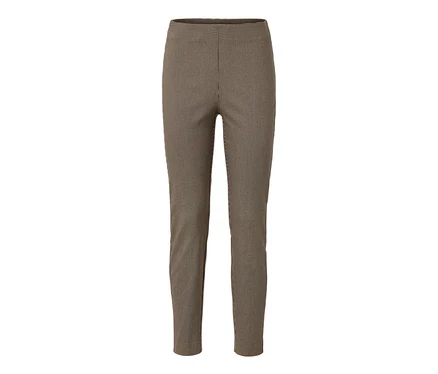 Eine braune Stretchhose mit Hahnentrittmuster.