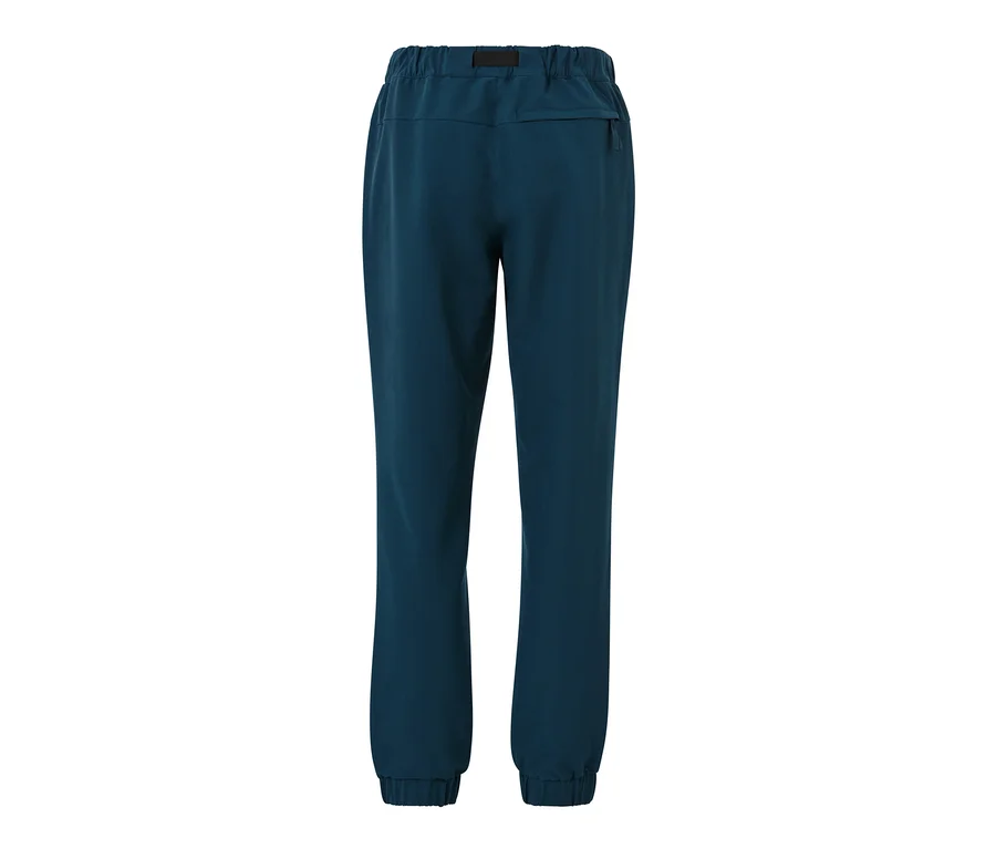 Eine marineblaue Thermohose mit Gürtel auf weißem Hintergrund.