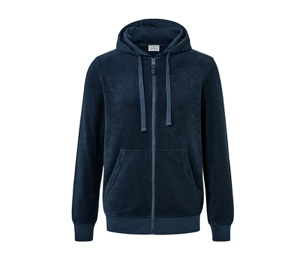 Blaue Frottee-Kapuzenjacke mit Reißverschluss und Taschen.