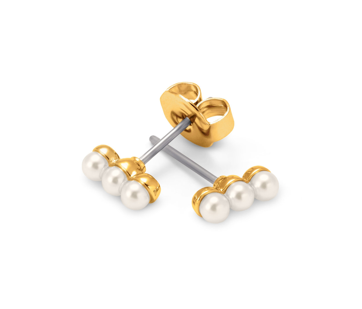 Zwei Ear Party Ohrschmuck 3er-Set Ohrringe mit Perlen und Vergoldung auf weißem Hintergrund.