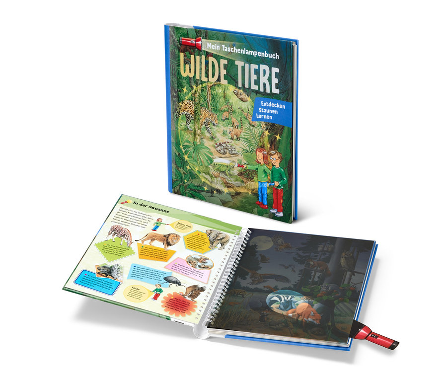 Zwei Bücher liegen übereinander. Ein Buch ist geschlossen und heißt »Mein Taschenlampenbuch – wilde Tiere«.