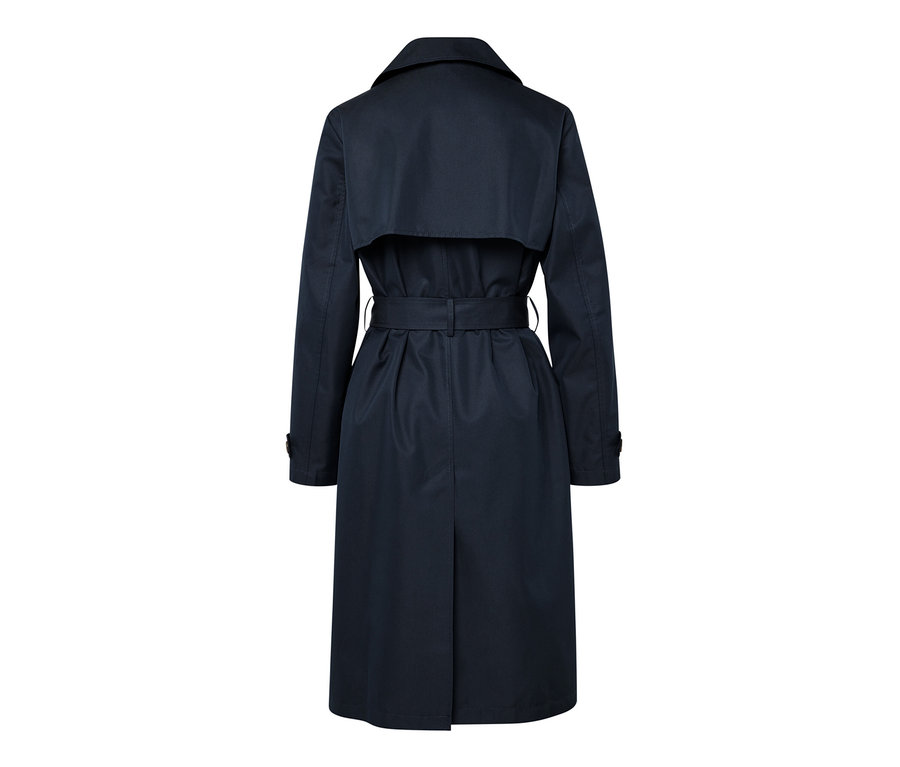 Dunkelblauer Trenchcoat mit Gürtel von hinten.