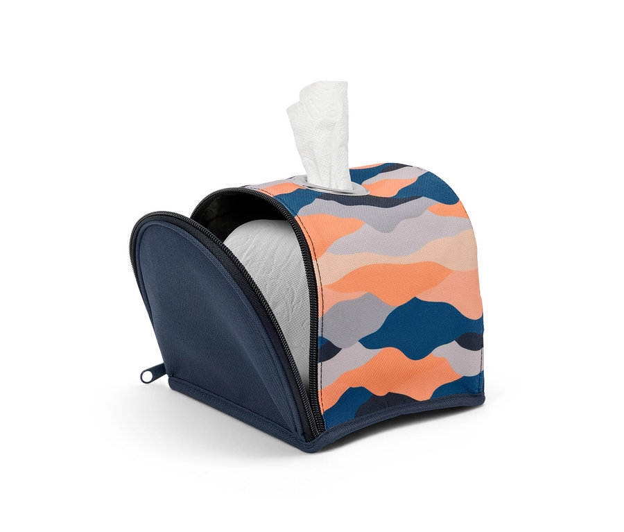 Toilettenpapier-Spender mit blauem Reißverschluss, gemustert in den Farben Blau, Grau und Orange.