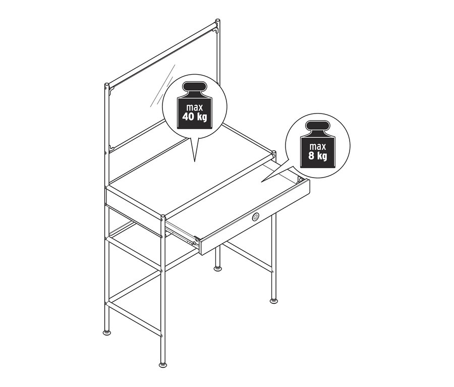 Zeichnung von einem Schminktisch Metall »CN3« mit großer Spiegelfläche und Schublade.
