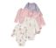 Fünf Baby-Bodys mit Mitwachsfunktion im Prinzessinen-Design in Lila gepunktet, Rosa und Weiss mit Aufdruck.