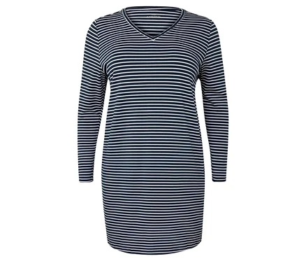 Blau-weiß gestreiftes, langärmeliges Kleid mit V-Ausschnitt.