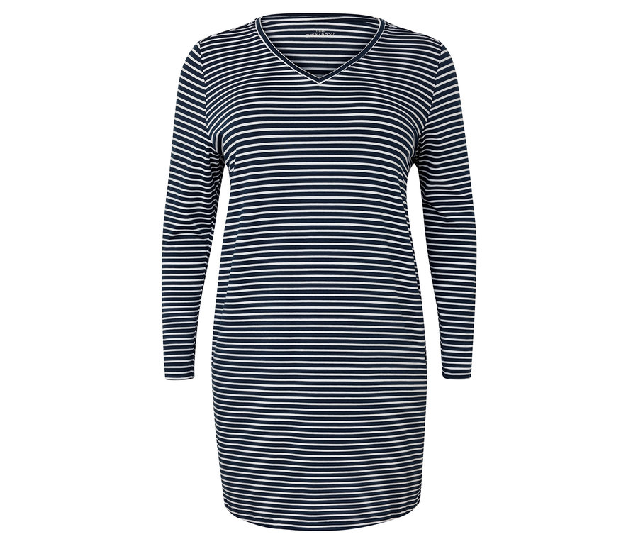 Blau-weiß gestreiftes, langärmeliges Kleid mit V-Ausschnitt.