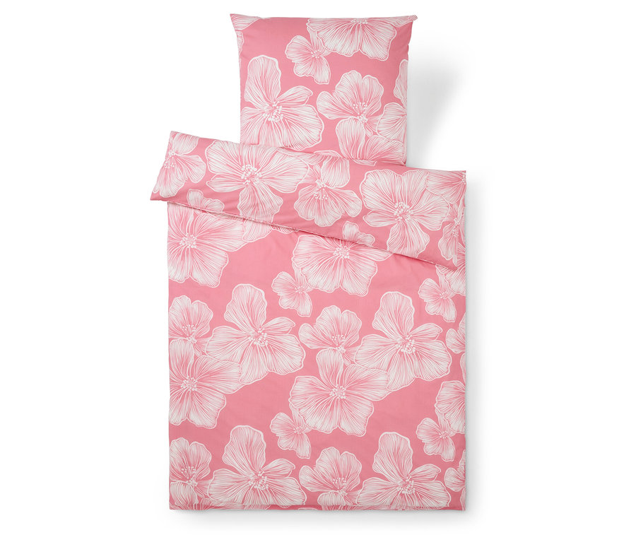 Rosa Bettwäsche mit weißen Blumenmustern, inklusive Kissenbezug.