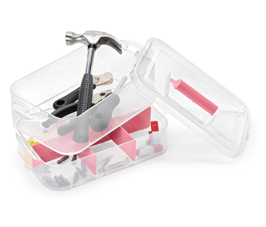 Ein geöffneter Utensilienbox, Kunststoff, gefüllt mit einem Hammer, einer Zange, einem Schraubenzieher und verschiedenen Werkzeugen.