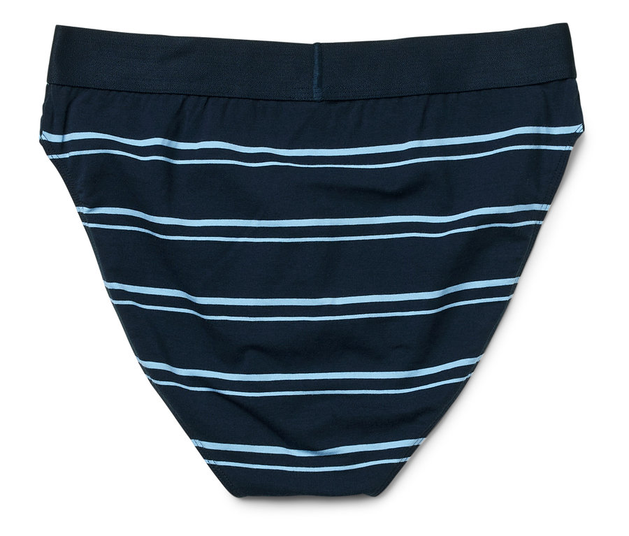 Herrenslip mit blauen Streifen auf weißem Hintergrund.