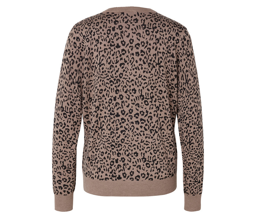 Beiger Pullover mit Tiermuster von hinten.