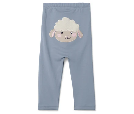 Blaue Leggings mit Schaf-Applikation.