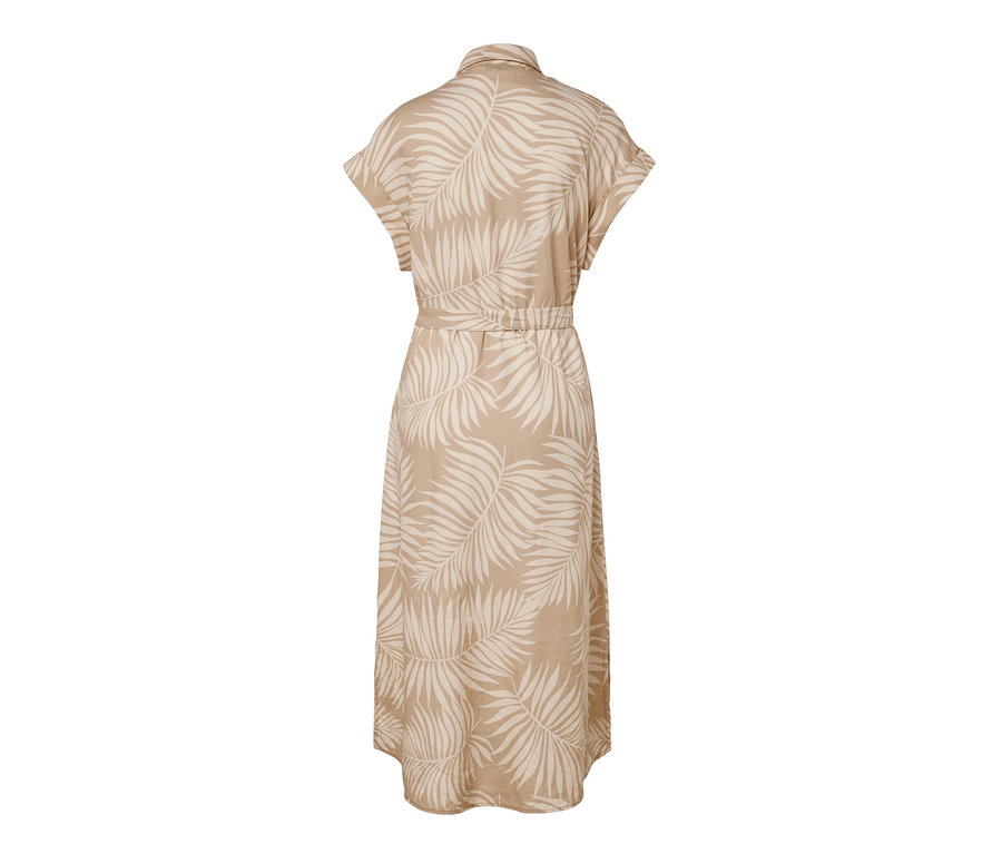 Beiges Leinenkleid mit Blattdruck von hinten.
