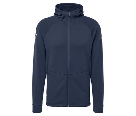 Dunkelblaue Thermojacke mit Kapuze und durchgehendem Reißverschluss.