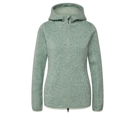 Hellgrüne Fleecejacke mit Kapuze und Reißverschluss in der Mitte.