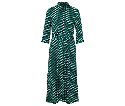 Grünes und weißes gemustertes Kleid mit Gürtel.