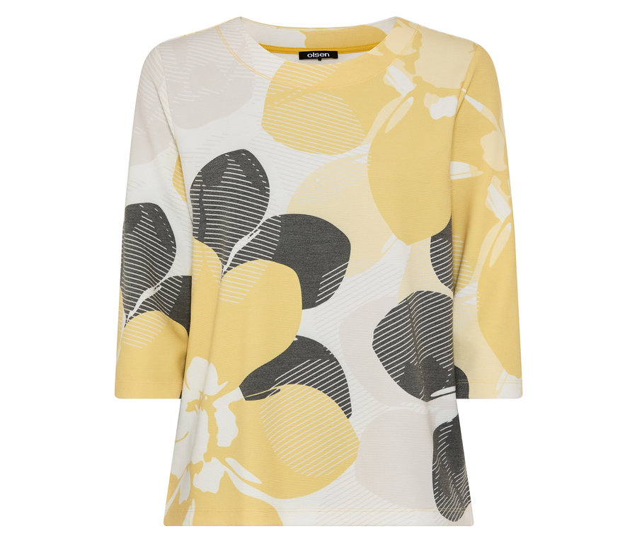 Ein langärmliges Shirt mit gelben und grauen Blumenmustern.