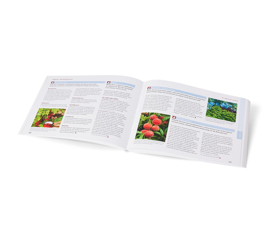 Aufgeschlagenes Buch »Gut geplant durchs Gartenjahr« mit Text und Abbildungen.