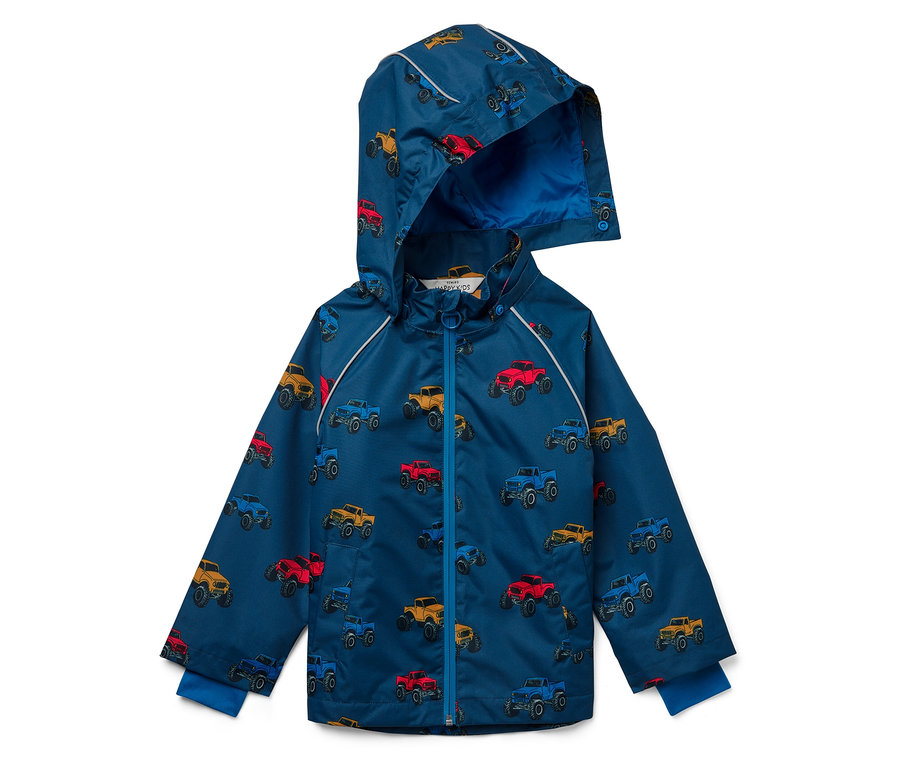 Blaue Regenjacke mit Monstertruck-Muster und Kapuze.