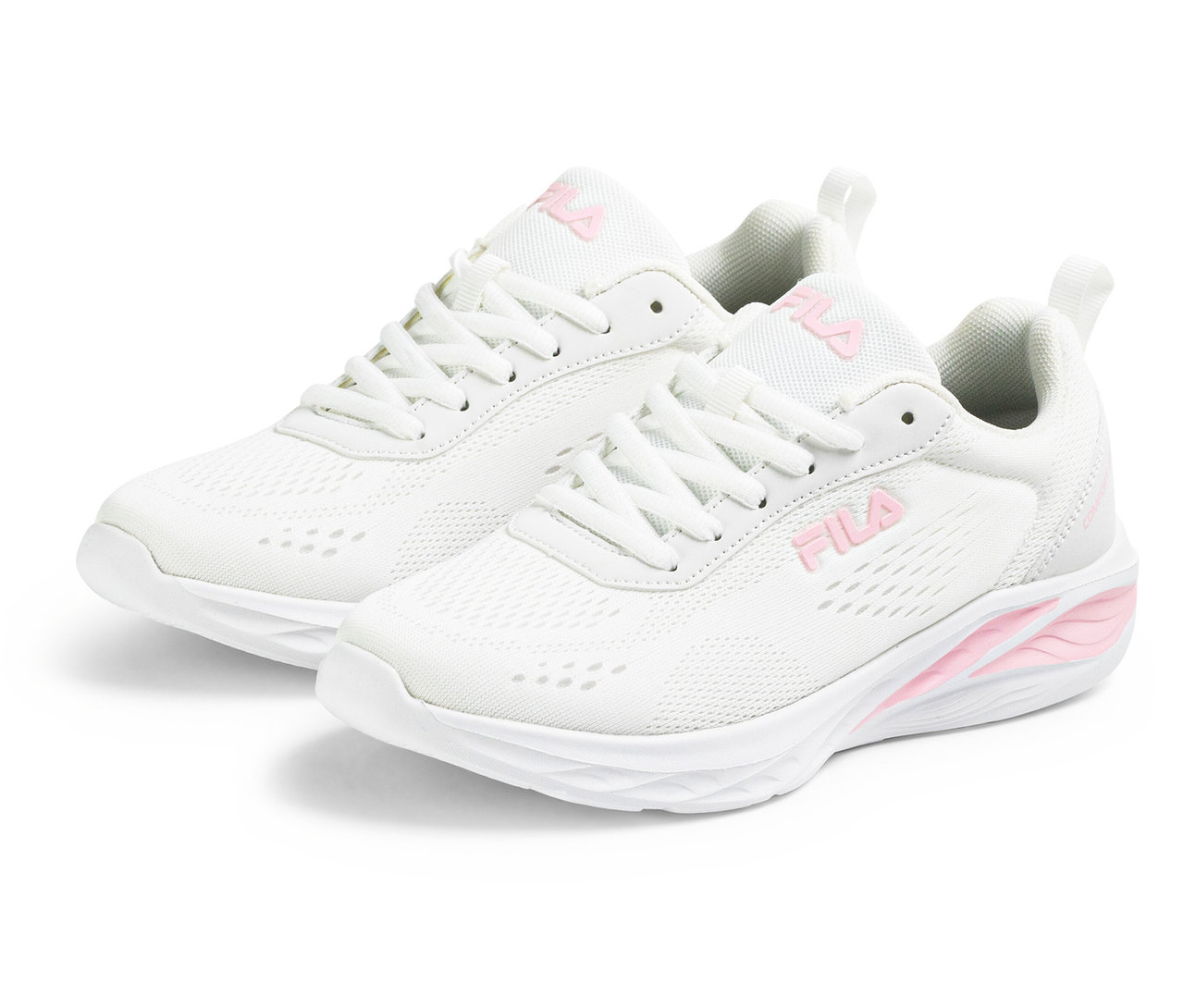 Zwei weiße FILA Specctris Damen-Sneaker mit pinkfarbenem Logo und Akzenten stehen nebeneinander.