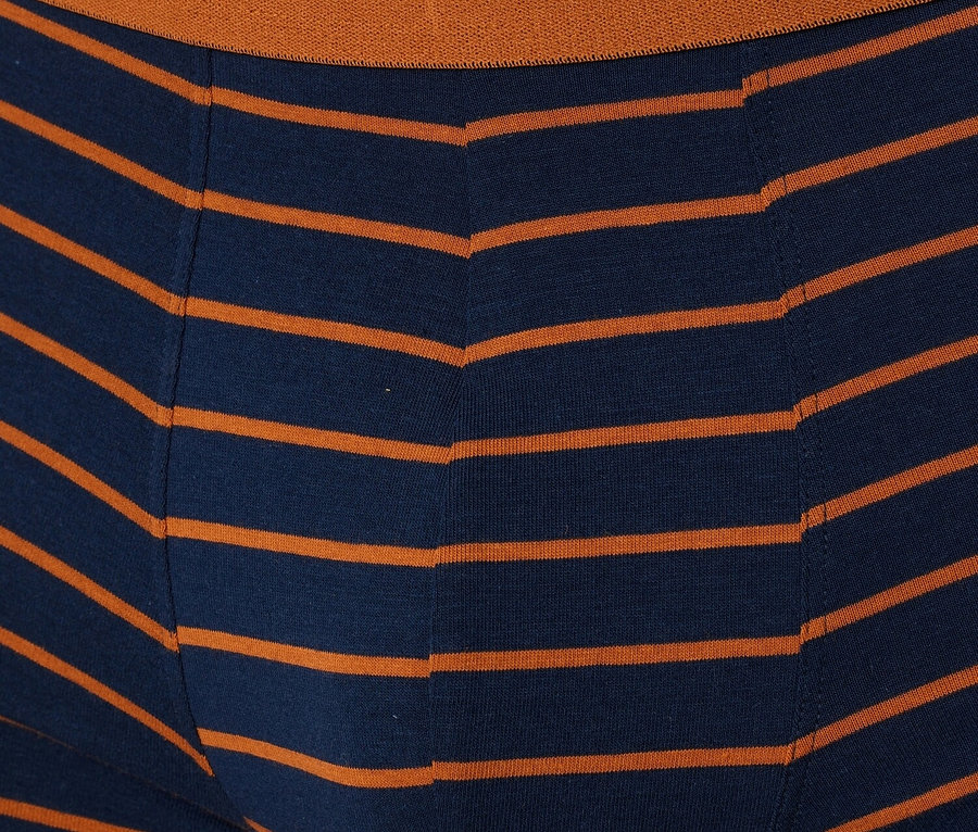 Detailansicht einer gestreiften Herrenunterhose der Marke Schiesser mit einem braunen Bund.