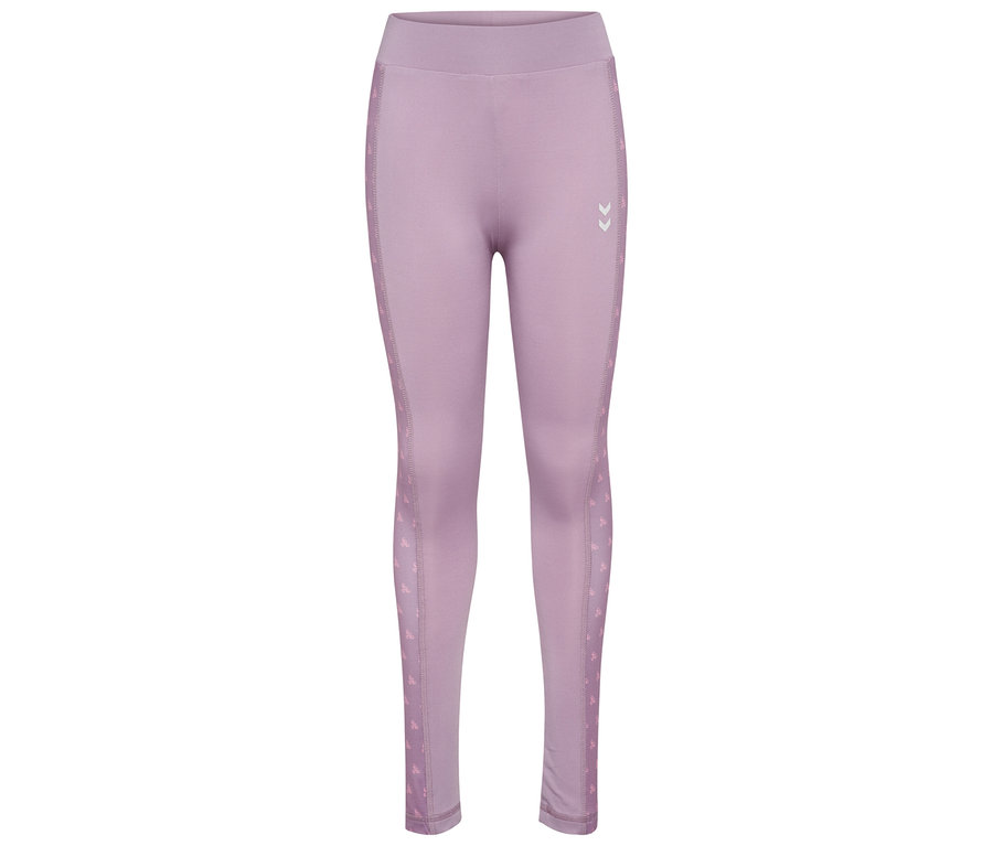 Nahaufnahme der hummel® HMLJR Mix Mid Waist Tight, einer lilafarbenen Leggings mit seitlichem Muster.