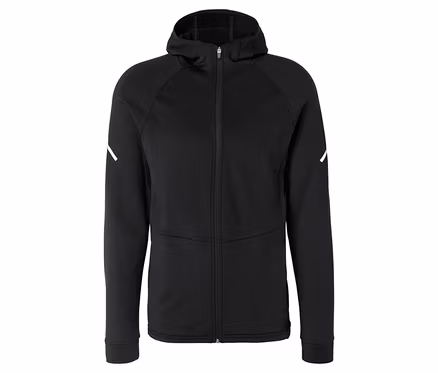 Schwarze Thermojacke mit Kapuze und Reißverschluss, weißen diagonalen Streifen an den Oberarmen.