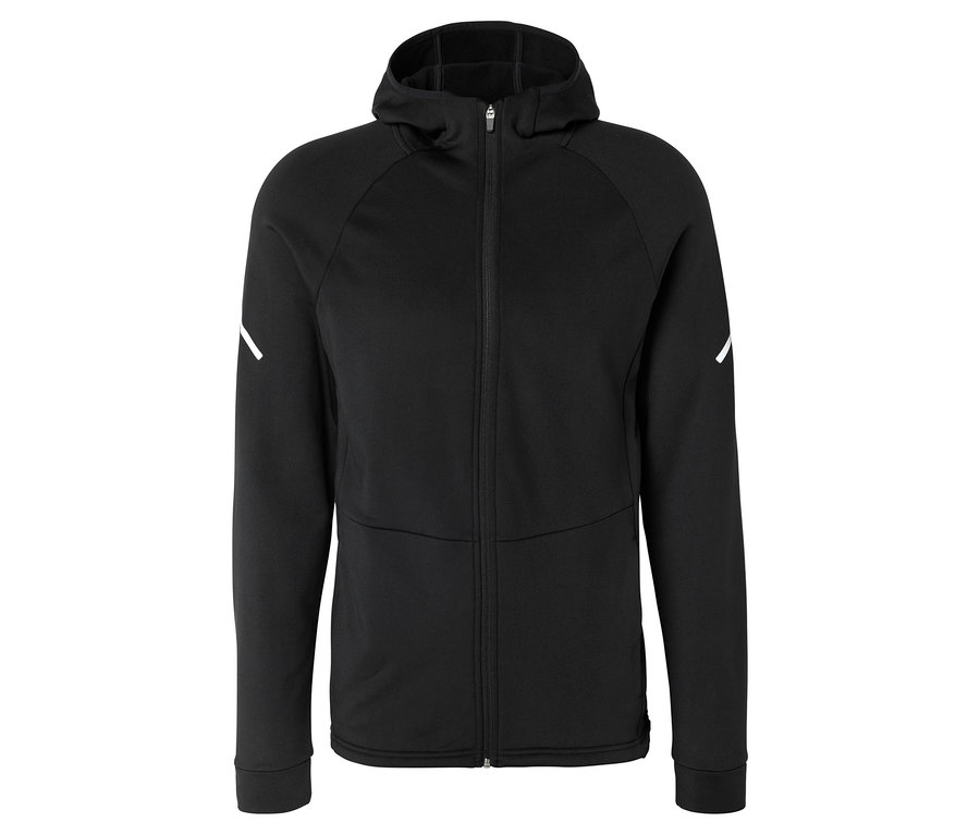 Schwarze Thermojacke mit Kapuze und Reißverschluss, weißen diagonalen Streifen an den Oberarmen.