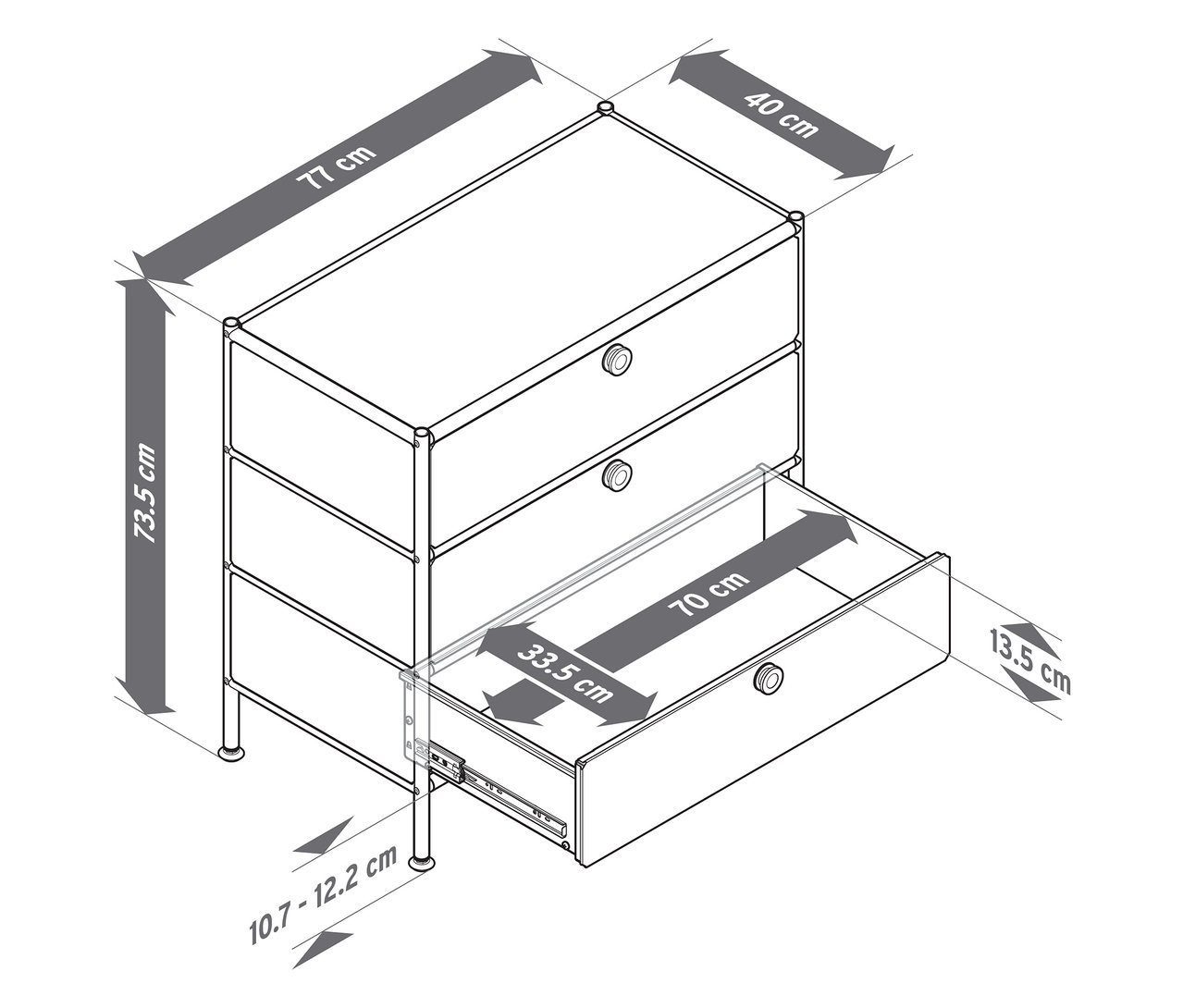 Abbildung einer Kommode Metall »CN3« mit drei Schubladen, wobei die unterste Schublade geöffnet ist und die Maße der Kommode dargestellt werden.