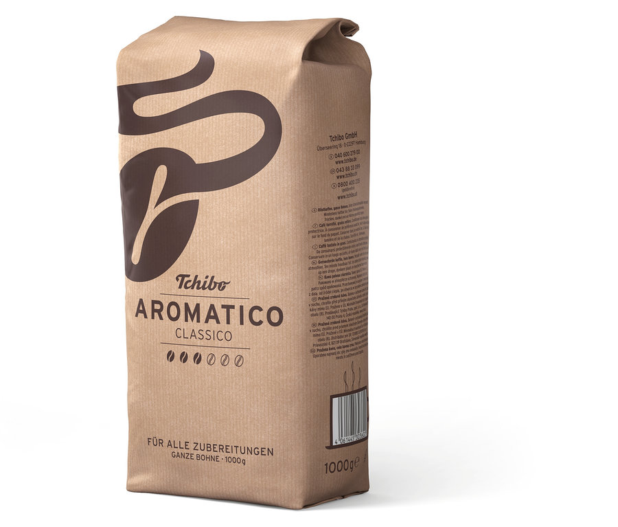 Eine aufrecht stehende, ungeöffnete Packung Aromatico Classico - 1 kg Ganze Bohne.