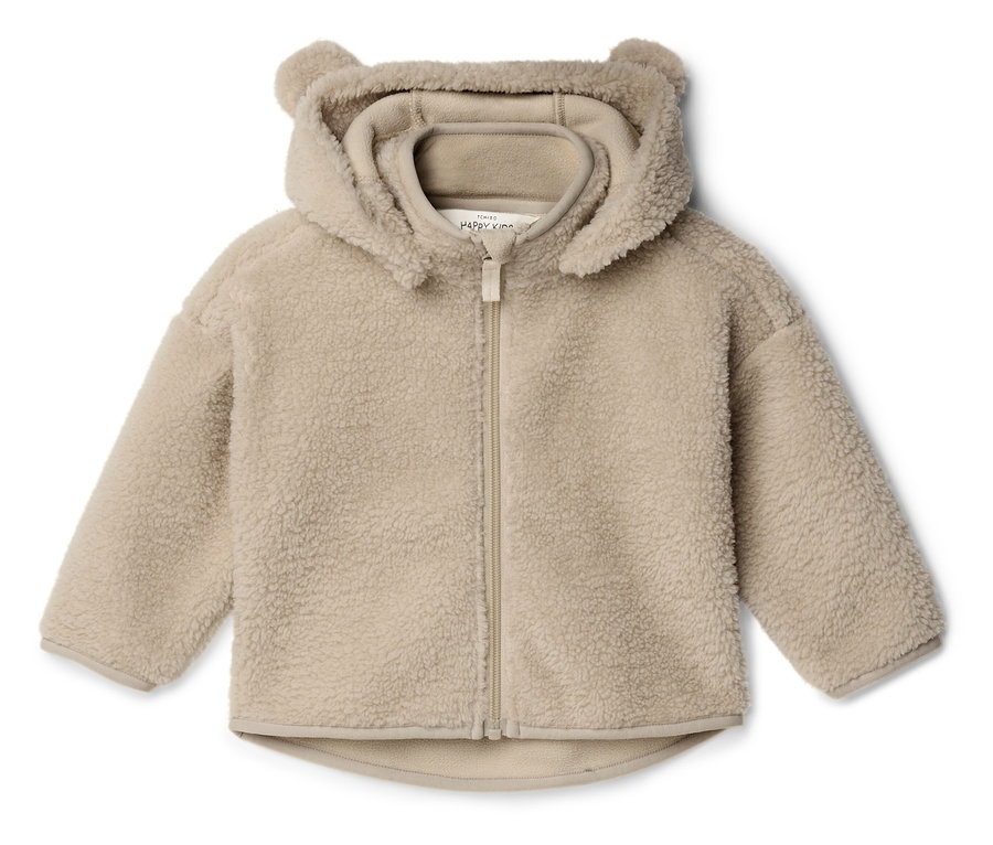 Beige Teddyfleece-Jacke mit Kapuze und Bärenohren.