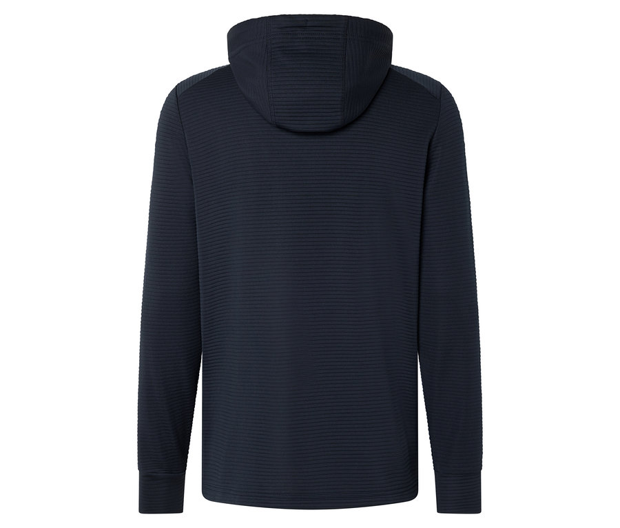Dunkelblauer Kapuzenpullover mit horizontaler Rippenstruktur, von hinten fotografiert.