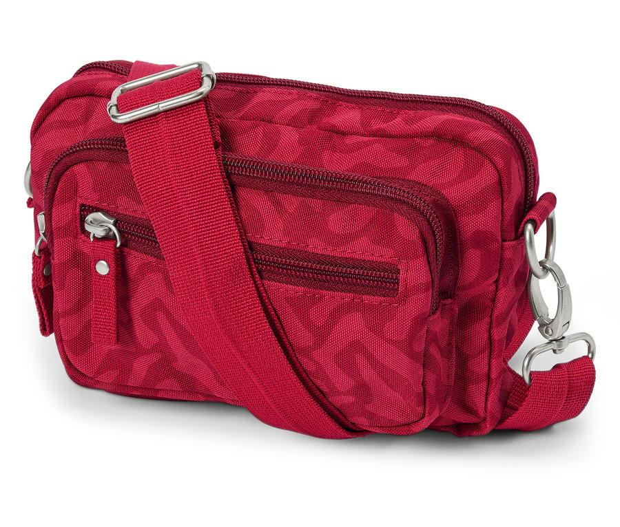 Rote Sicherheits-Umhänge-und-Bauchtasche mit Reißverschlüssen und verstellbarem Gurt liegt auf einem weißen Hintergrund.