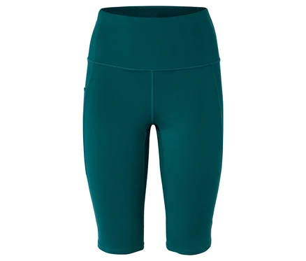 Nahaufnahme von türkisfarbenen, hochtaillierten Leggings mit seitlicher Tasche.